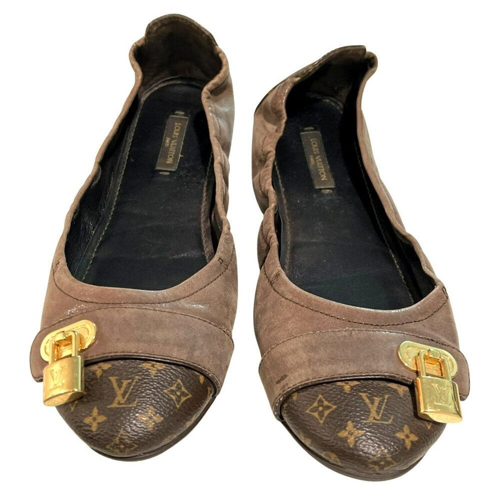 Louis Vuitton Brown Leather & Monogram Canvas Lock Flats Size 8 - Picture 2 of 6